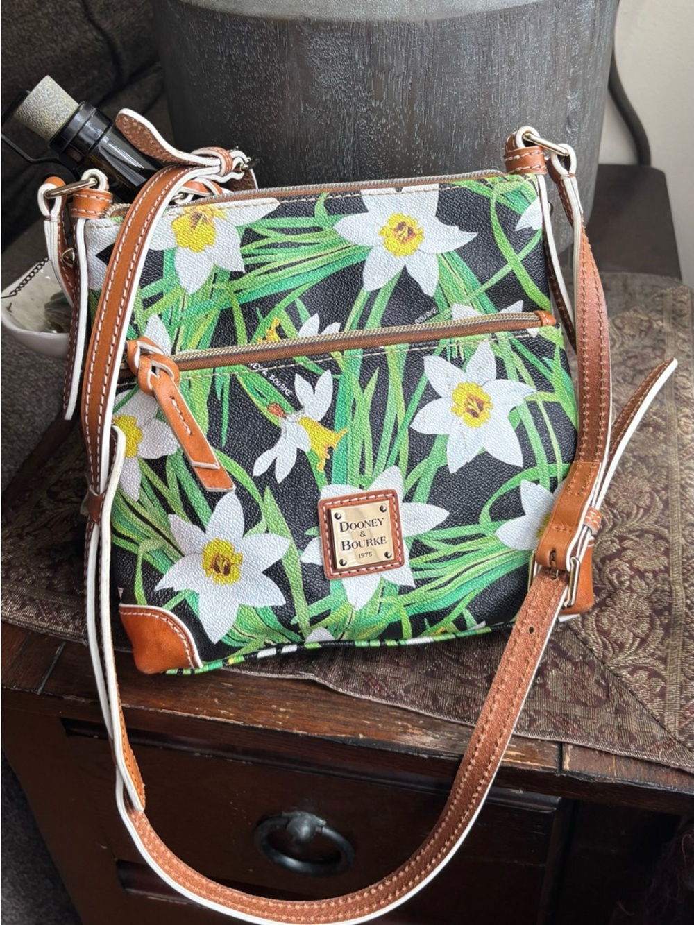 Authentic Dooney & Bourke Floral daffodil leather/coated canvas zip top Crosbody